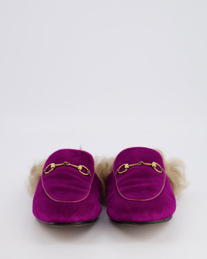 Gucci Purple Velvet Fur-Lined Princetown Mules with Gold Horsebit Hardware Size EU 39