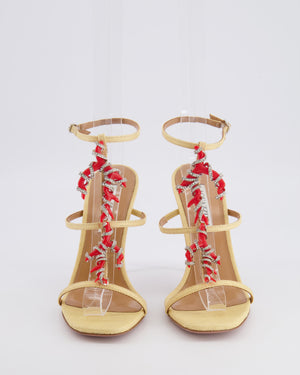 Aquazzura Beige Capri Crush Raffia Heeled Sandals with Crystal Embellished Coral Applique Size EU 39 RRP £1,400