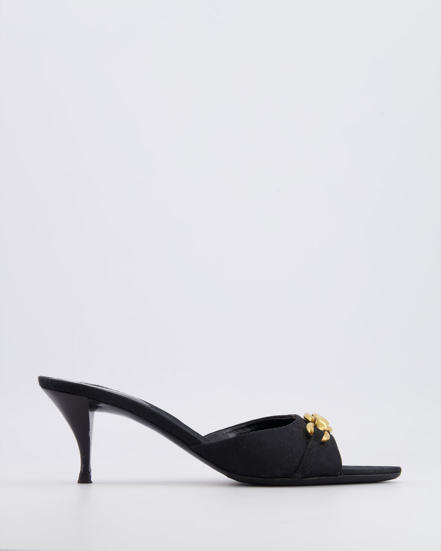 Saint Laurent Black Canvas Logo Printed Le Maillon Heeled Mules with Gold Chain Detail Size EU 39.5 RRP £900