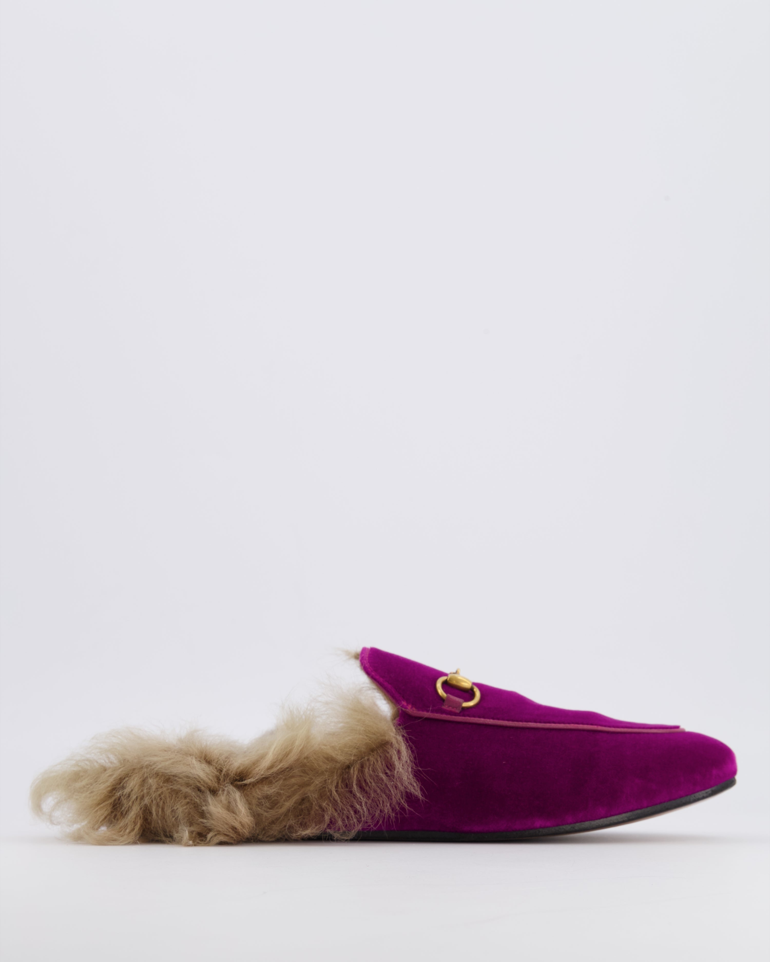Gucci Purple Velvet Fur-Lined Princetown Mules with Gold Horsebit