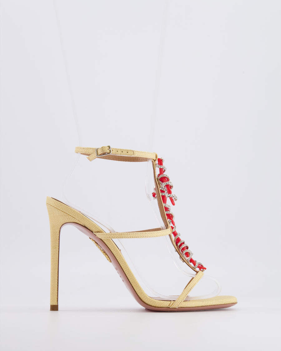 Aquazzura Beige Capri Crush Raffia Heeled Sandals with Crystal Embellished Coral Applique Size EU 39 RRP £1,400
