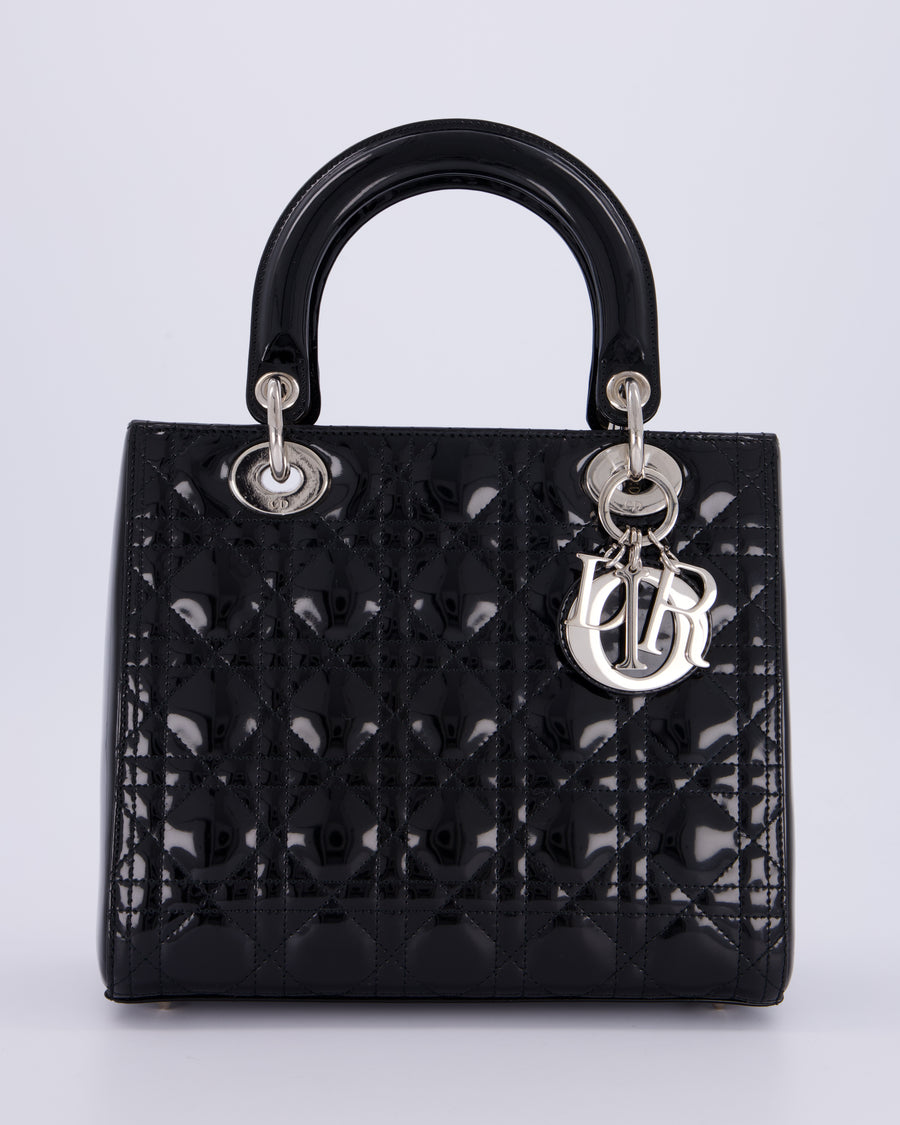 Christian Dior Black Patent Medium Lady Dior Bag with Silver Hardware