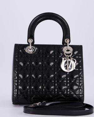 Christian Dior Black Patent Medium Lady Dior Bag with Silver Hardware