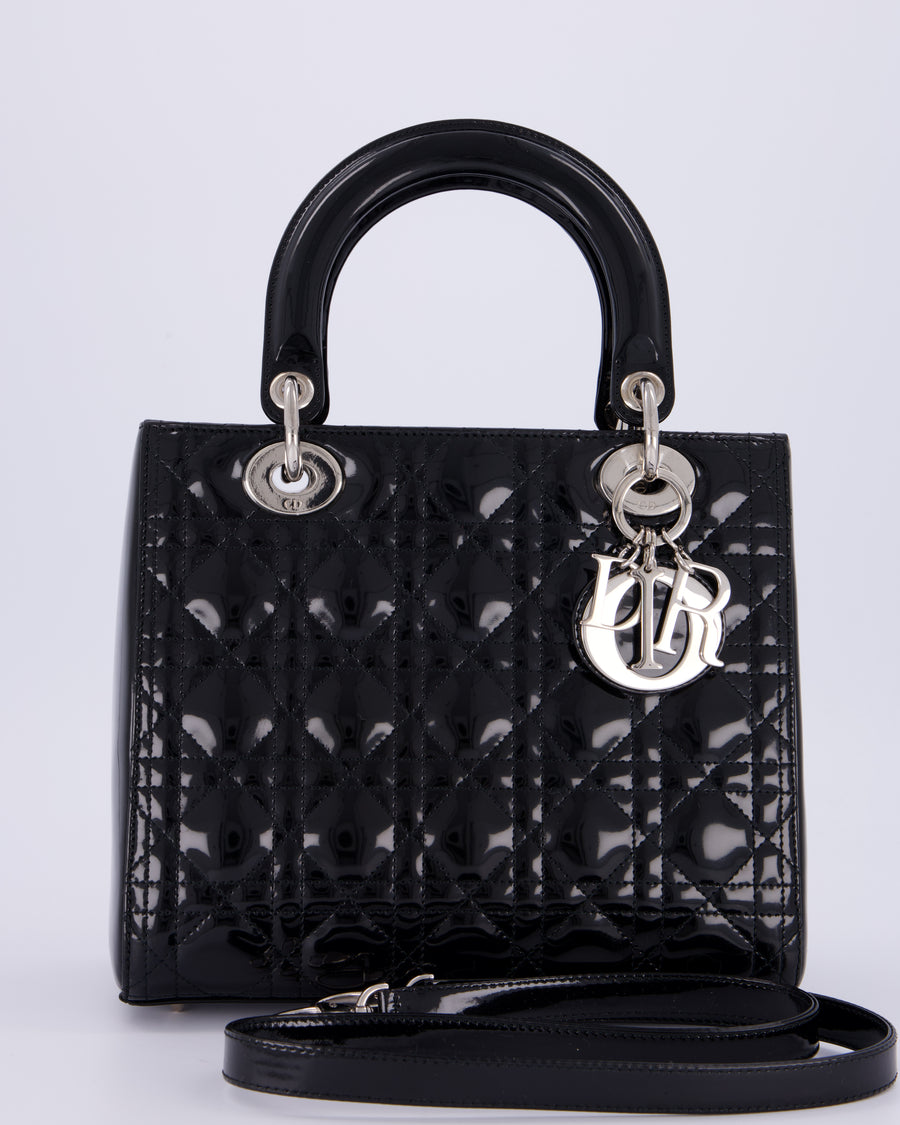 Christian Dior Black Patent Medium Lady Dior Bag with Silver Hardware
