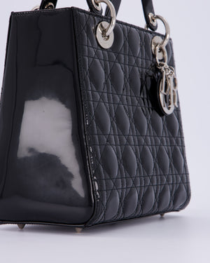 Christian Dior Black Patent Medium Lady Dior Bag with Silver Hardware