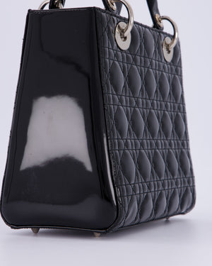 Christian Dior Black Patent Medium Lady Dior Bag with Silver Hardware