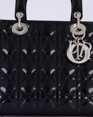 Christian Dior Black Patent Medium Lady Dior Bag with Silver Hardware