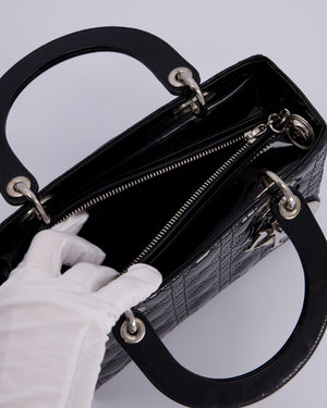 Christian Dior Black Patent Medium Lady Dior Bag with Silver Hardware