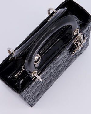 Christian Dior Black Patent Medium Lady Dior Bag with Silver Hardware