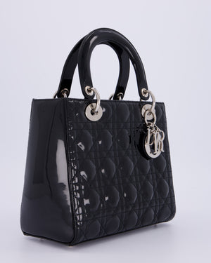 Christian Dior Black Patent Medium Lady Dior Bag with Silver Hardware