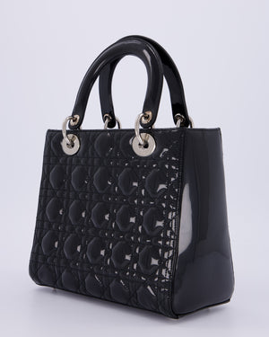 Christian Dior Black Patent Medium Lady Dior Bag with Silver Hardware