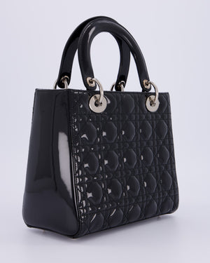 Christian Dior Black Patent Medium Lady Dior Bag with Silver Hardware