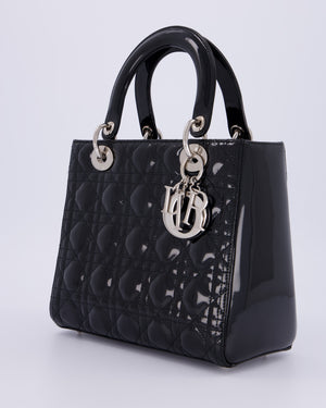 Christian Dior Black Patent Medium Lady Dior Bag with Silver Hardware