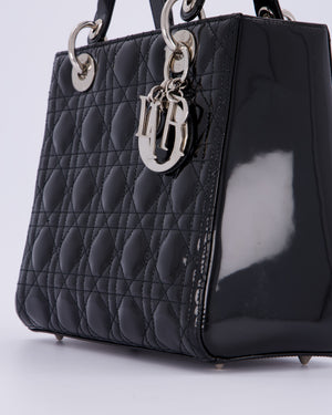 Christian Dior Black Patent Medium Lady Dior Bag with Silver Hardware