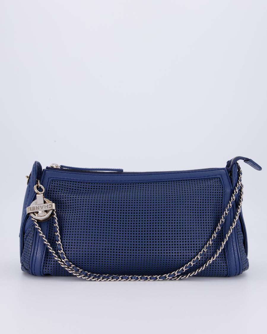 Chanel Navy Blue Pulley Shoulder Bag in Perforated Leather and Silver Hardware