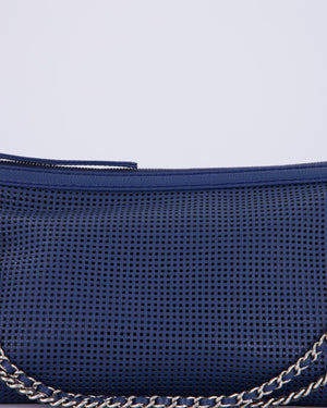 Chanel Navy Blue Pulley Shoulder Bag in Perforated Leather and Silver Hardware