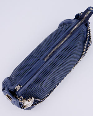 Chanel Navy Blue Pulley Shoulder Bag in Perforated Leather and Silver Hardware