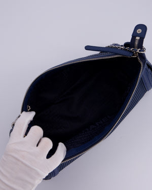 Chanel Navy Blue Pulley Shoulder Bag in Perforated Leather and Silver Hardware