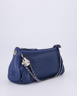 Chanel Navy Blue Pulley Shoulder Bag in Perforated Leather and Silver Hardware