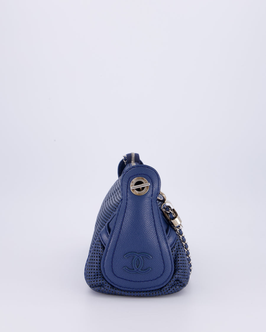 Chanel Navy Blue Pulley Shoulder Bag in Perforated Leather and Silver Hardware