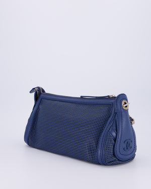 Chanel Navy Blue Pulley Shoulder Bag in Perforated Leather and Silver Hardware