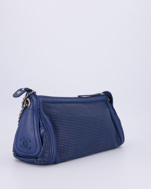 Chanel Navy Blue Pulley Shoulder Bag in Perforated Leather and Silver Hardware