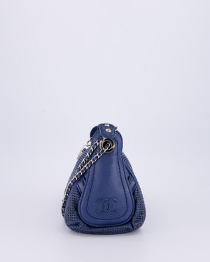 Chanel Navy Blue Pulley Shoulder Bag in Perforated Leather and Silver Hardware