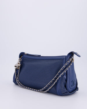 Chanel Navy Blue Pulley Shoulder Bag in Perforated Leather and Silver Hardware
