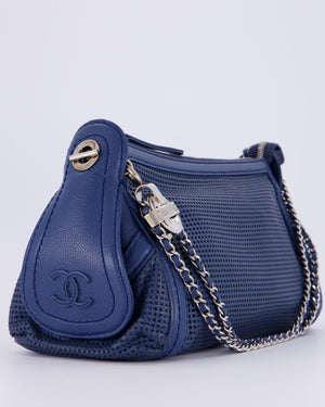 Chanel Navy Blue Pulley Shoulder Bag in Perforated Leather and Silver Hardware