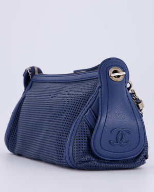 Chanel Navy Blue Pulley Shoulder Bag in Perforated Leather and Silver Hardware