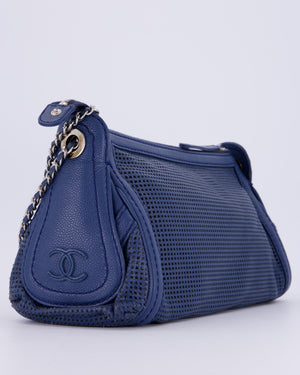 Chanel Navy Blue Pulley Shoulder Bag in Perforated Leather and Silver Hardware