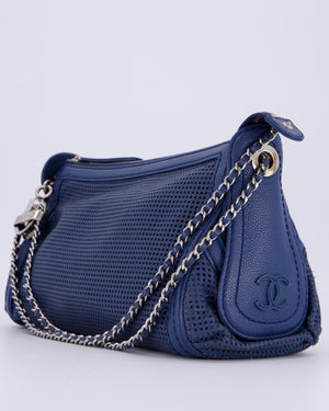 Chanel Navy Blue Pulley Shoulder Bag in Perforated Leather and Silver Hardware