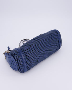 Chanel Navy Blue Pulley Shoulder Bag in Perforated Leather and Silver Hardware