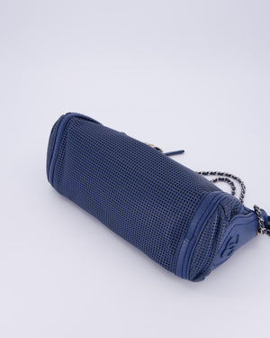 Chanel Navy Blue Pulley Shoulder Bag in Perforated Leather and Silver Hardware