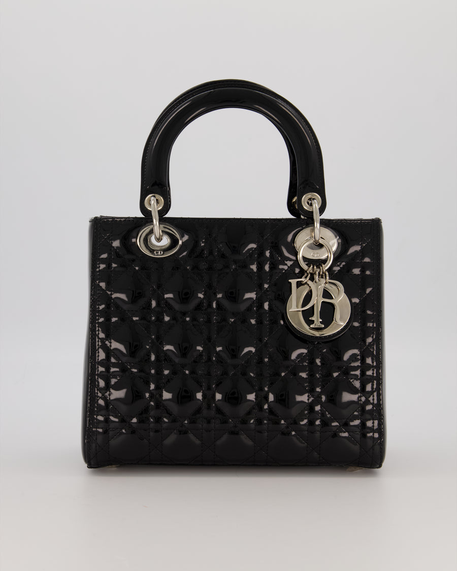 Christian Dior Black Patent Medium Lady Dior Bag with Silver Hardware