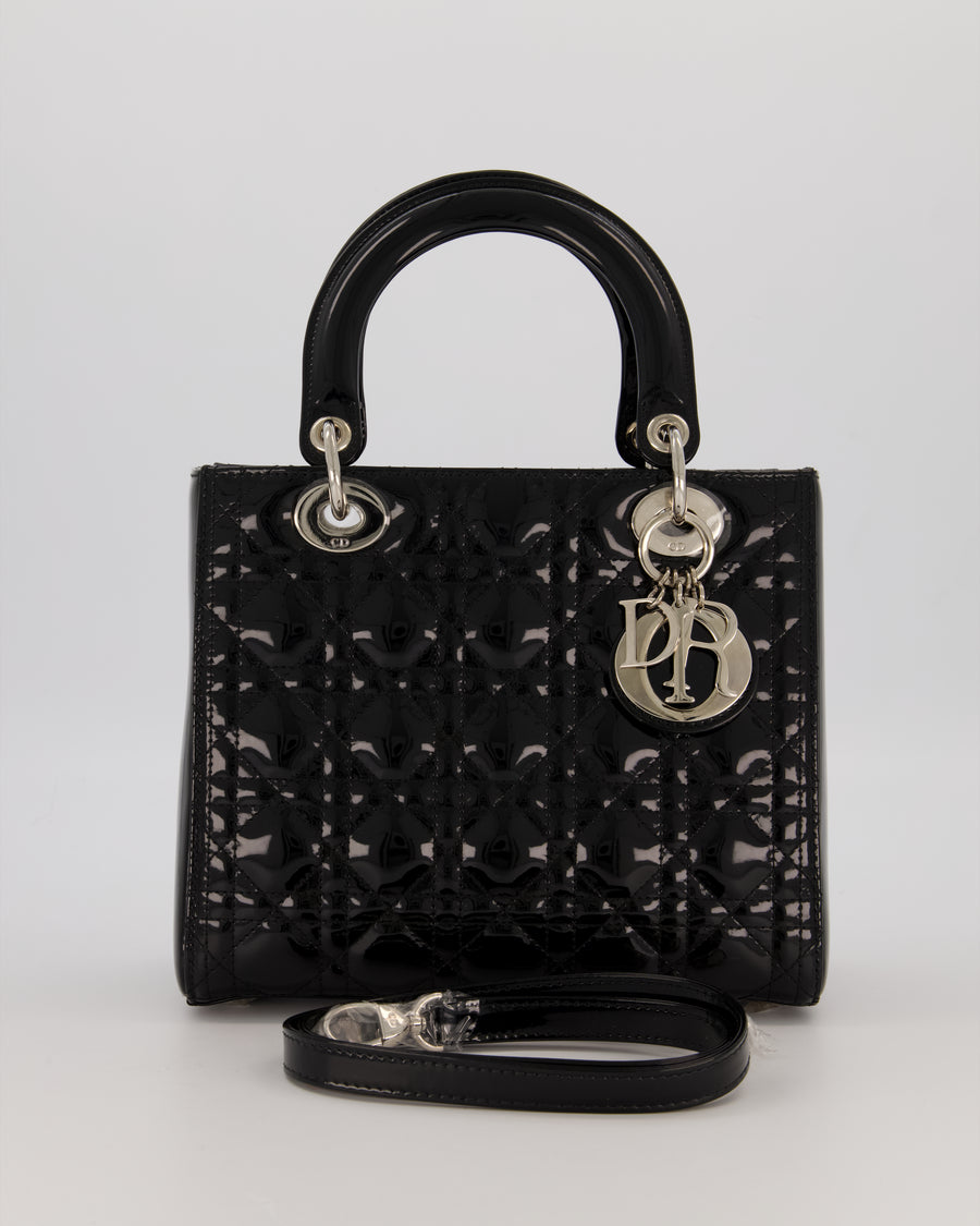 Christian Dior Black Patent Medium Lady Dior Bag with Silver Hardware