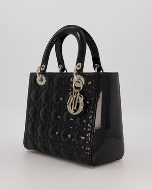 Christian Dior Black Patent Medium Lady Dior Bag with Silver Hardware
