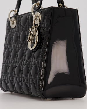 Christian Dior Black Patent Medium Lady Dior Bag with Silver Hardware