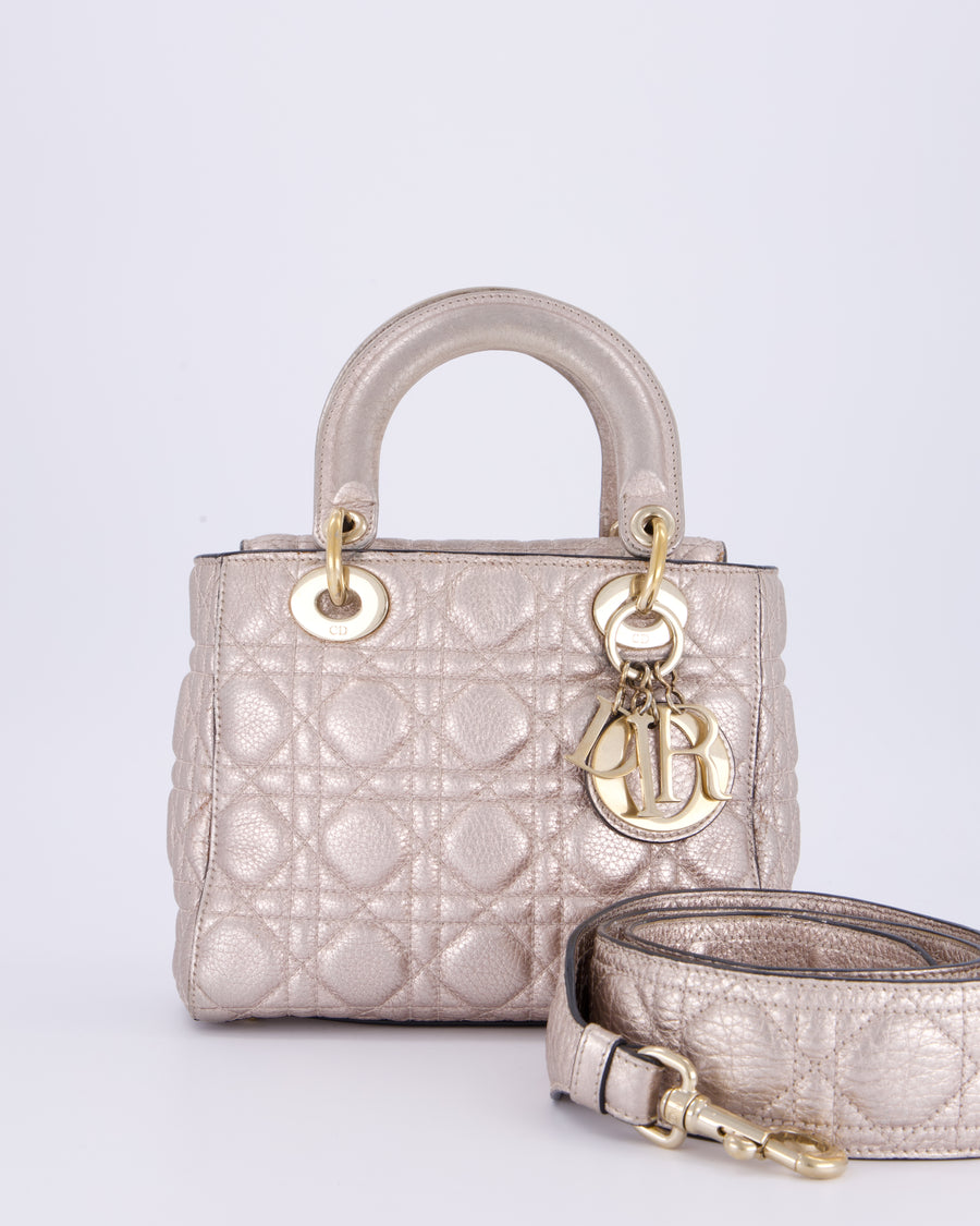 Christian Dior Metallic Nude Gold Small Supple Lady Dior in Cannage Calfskin Leather with Gold Hardware