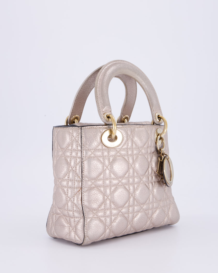 Christian Dior Metallic Nude Gold Small Supple Lady Dior in Cannage Calfskin Leather with Gold Hardware