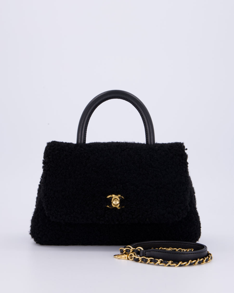 Chanel Black Shearling Small Coco Top Handle Bag with Brushed Gold Hardware