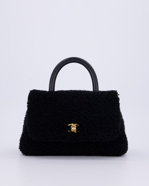 Chanel Black Shearling Small Coco Top Handle Bag with Brushed Gold Hardware