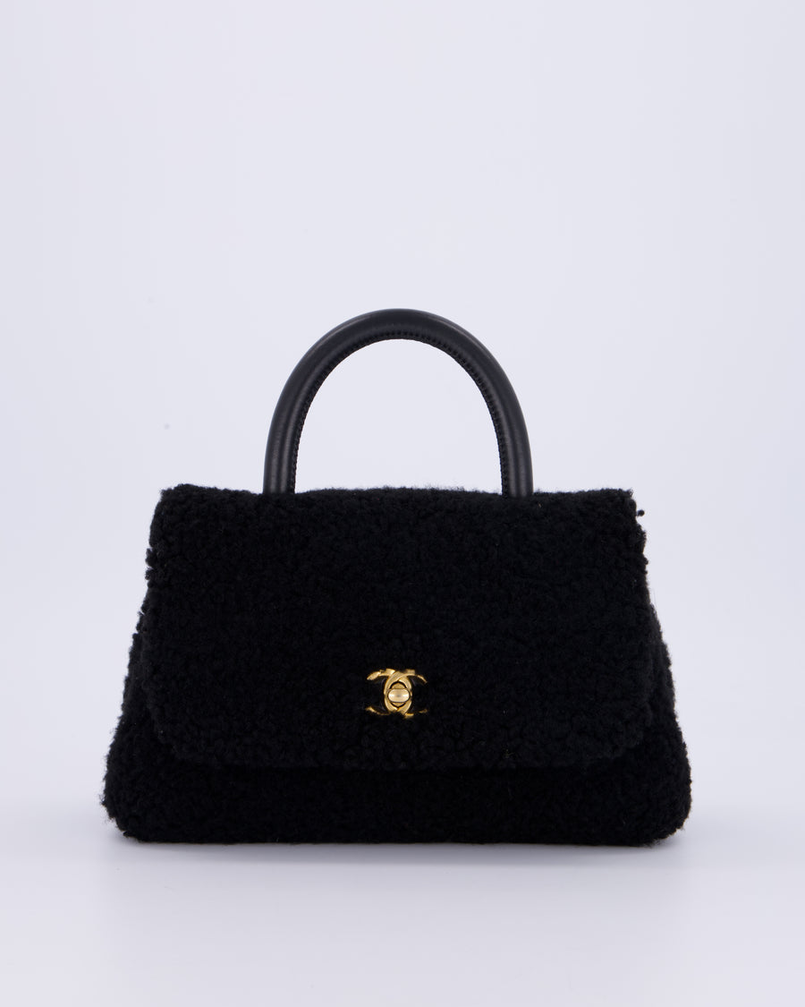 Chanel Black Shearling Small Coco Top Handle Bag with Brushed Gold Hardware