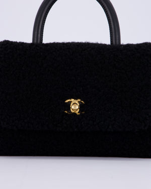 Chanel Black Shearling Small Coco Top Handle Bag with Brushed Gold Hardware