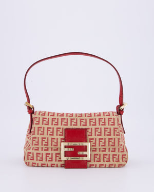 Fendi Vintage Zucchino Small Mamma Bag in Red & Beige Monogram Canvas and Leather with Gold Hardware