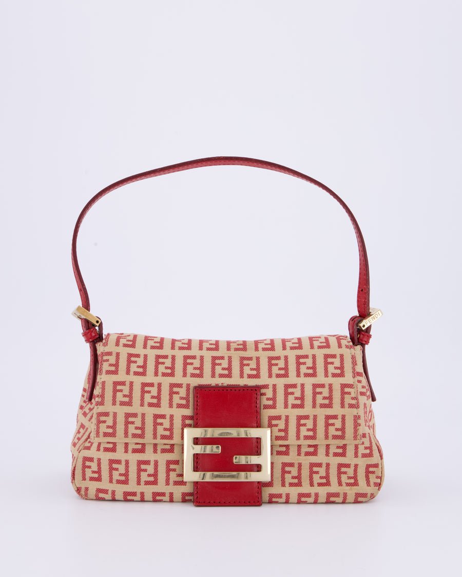 Fendi Vintage Zucchino Small Mamma Bag in Red & Beige Monogram Canvas and Leather with Gold Hardware