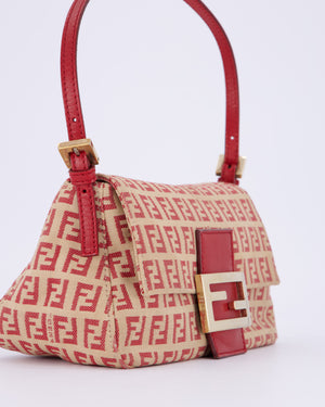 Fendi Vintage Zucchino Small Mamma Bag in Red & Beige Monogram Canvas and Leather with Gold Hardware