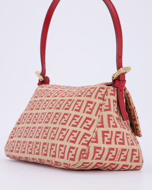 Fendi Vintage Zucchino Small Mamma Bag in Red & Beige Monogram Canvas and Leather with Gold Hardware
