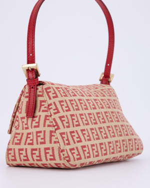 Fendi Vintage Zucchino Small Mamma Bag in Red & Beige Monogram Canvas and Leather with Gold Hardware