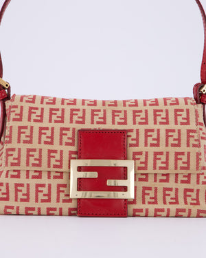 Fendi Vintage Zucchino Small Mamma Bag in Red & Beige Monogram Canvas and Leather with Gold Hardware